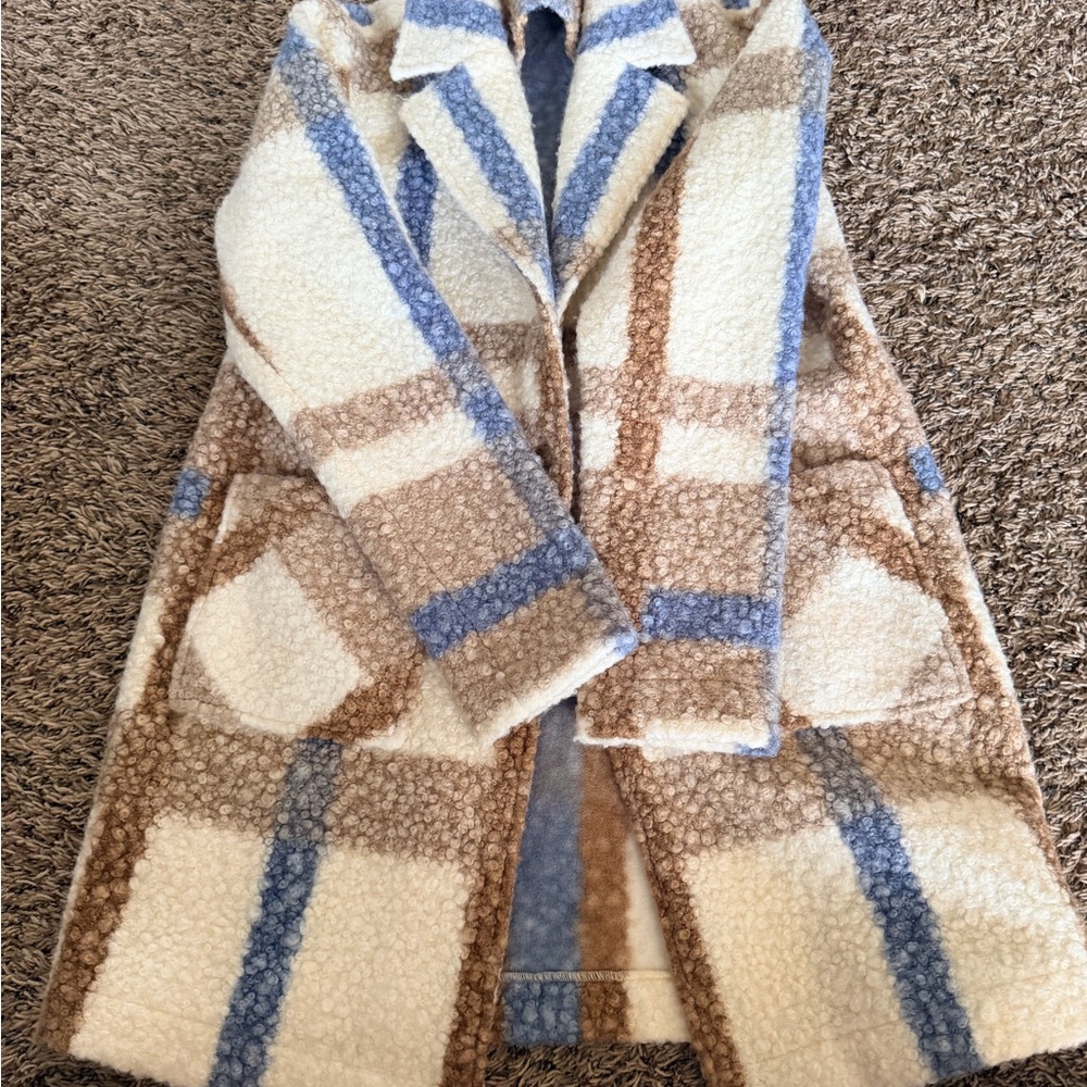 Charlies Cream, Tan & Blue Plaid Bouclé Pea Coat